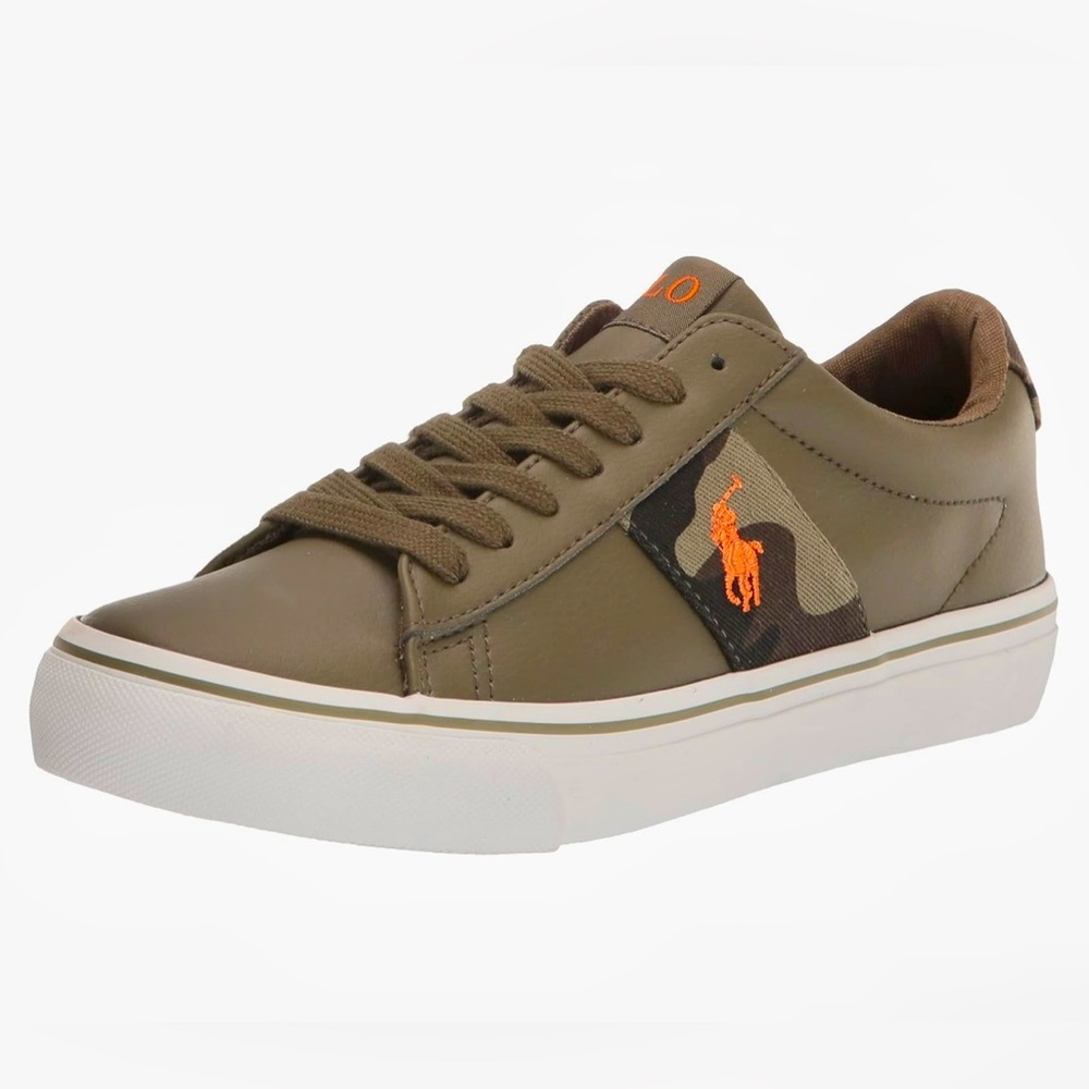 POLO RALPH LAUREN Unisex, Little Kids Sz 13 Sayer Olive/Camo/Orange Sneaker, NEW